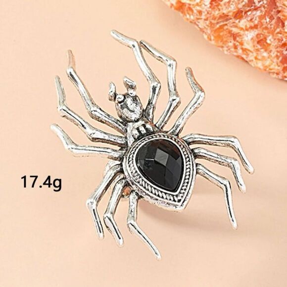 Dark Academia Silver Tone Goth Punk Regency Black Widow Onyx Cocktail Ring - Picture 4 of 5